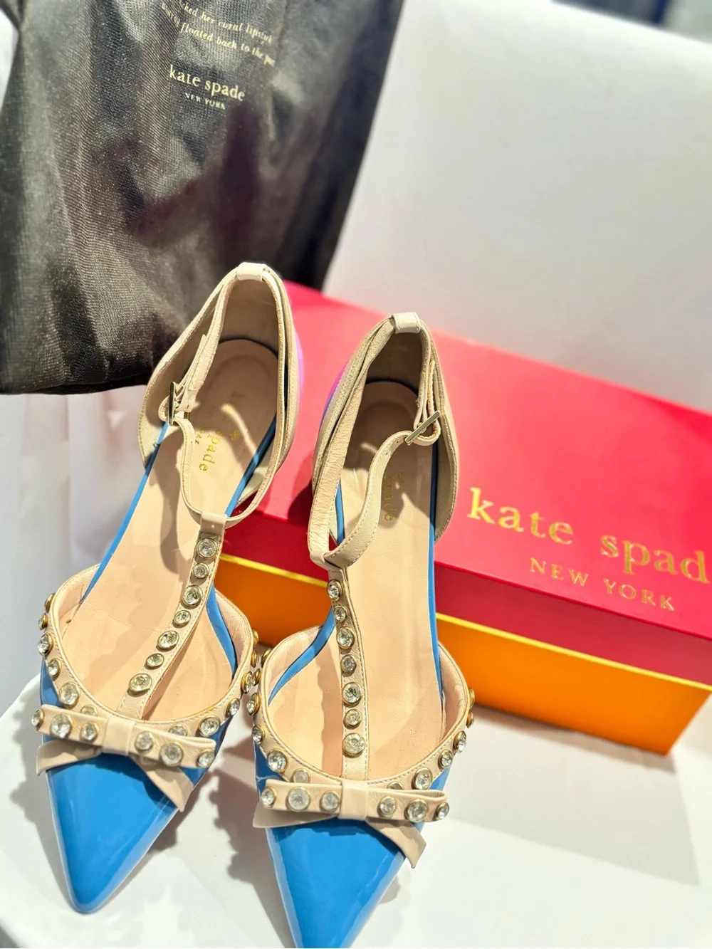 kate spade Blue and Beige Studded T-Strap Pointed Heels